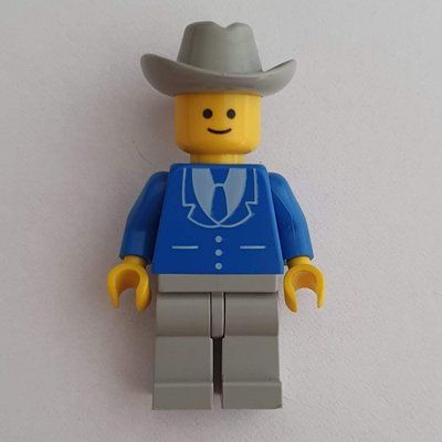Figurine Man, Blue Jacket with Tie and Three Buttons, Light Gray Legs, Light Gray Cowboy Hat (3626b Head) du set 10037