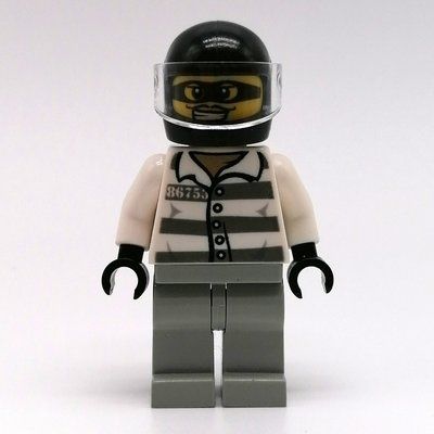 Figurine Criminal, Prison Shirt with #86753, Light Bluish Gray Legs, Black Helmet with Visor, Eyemask du set 10735