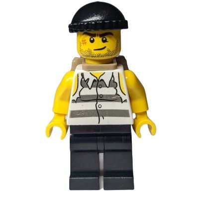 Figurine Criminal, Torn Prison Shirt, Black Legs, Black Hat, Dark Tan Backpack, Stubble and Scar du set 10675