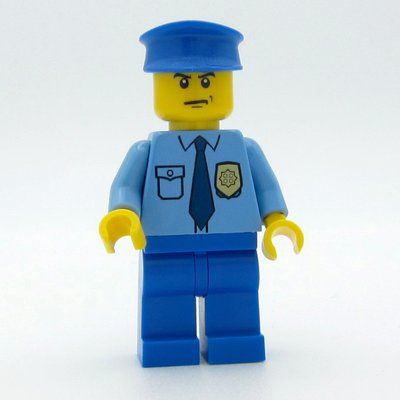 Figurine Policeman, Medium Blue Shirt with Badge and Tie, Blue Legs, Blue Hat, Scowl du set 10675