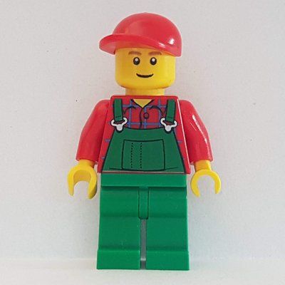 Minifigura Man, Green Overalls over Red Shirt, Red Cap, Brown Eyebrows, Reddish Brown Eyebrows del set 9311