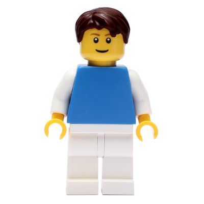 Minifigura Man, Blue Torso, White Legs, Dark Brown Hair del set 9311