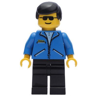 Minifigura Man, Open Blue Jacket with Zipper, Black Legs, Black Hair, Sunglasses del set 1818