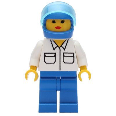 Minifiguur Woman, White Shirt with Pockets, Blue Legs, Blue Helmet with Visor uit set 9247