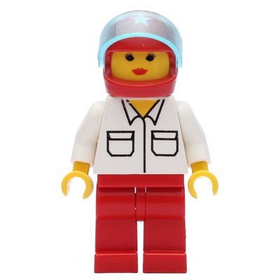 Minifiguur Woman, White Shirt with Pockets, Red Legs, Red Helmet with Stars and Visor uit set 9247