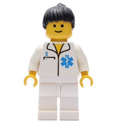 Minifiguur Doctor, Woman, White Shirt with Star of Life Logo, Black Hair uit set 9247