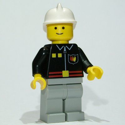 Minifiguur Fireman, Black Fire Jacket with Red Belt and Badge, Light Bluish Gray Legs, White Helmet uit set 9247