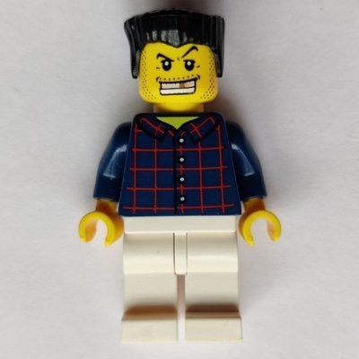 Minifiguur Man, Dark Blue Plaid Shirt, White Legs, Black Hair, Gold Tooth uit set 9247