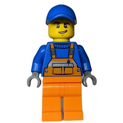 Minifigure Worker - Blue Torso, Orange Overall, Blue Cap del set 10680