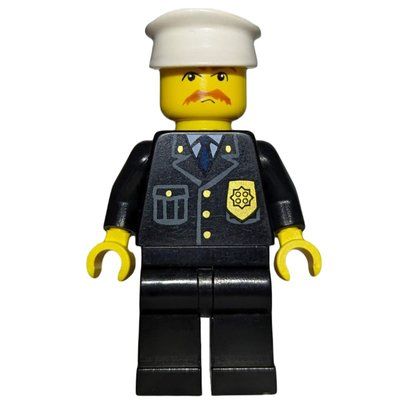 Minifiguur Policeman, Black Suit with Badge, White Hat, Mustache and Glasses uit set 8401