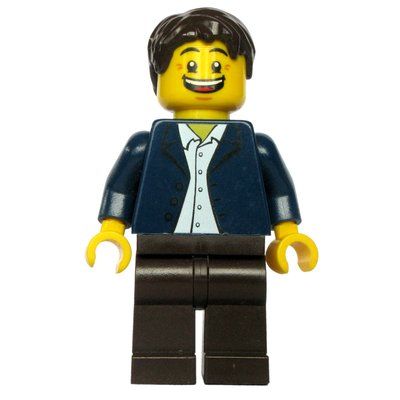Minifigurka Dark Blue Torso, Dark Brown Legs, Dark Brown Hair z zestawu 10244