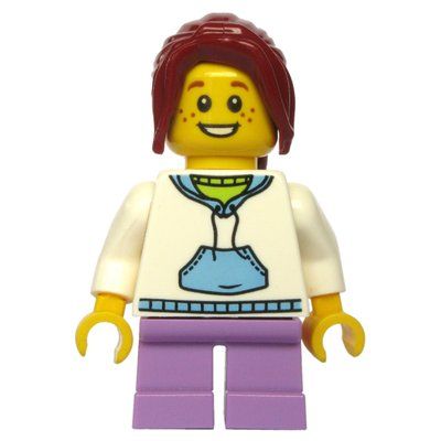 Minifigurka Kid - White Torso, Medium Lavender Legs, Dark Red Hair z zestawu 10244