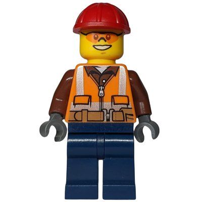 Figurine Construction Worker, Orange Safety Vest with Zipper over Reddish Brown Shirt, Dark Blue Legs, Red Hard Hat, Orange Safety Glasses du set 60098