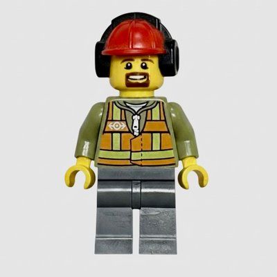 Figurine Train Worker, Orange Safety Vest with Train Logo over Olive Green Hoodie, Dark Bluish Gray Legs, Red Hard Hat with Ear Defenders, Goatee Beard du set 60098