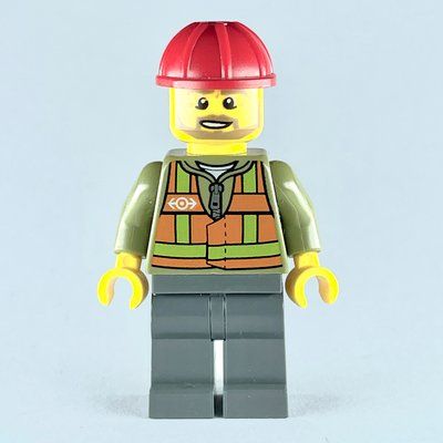 Figurine Train Worker, Orange Safety Vest with Train Logo over Olive Green Hoodie, Dark Bluish Gray Legs, Red Hard Hat, Beard du set 60098