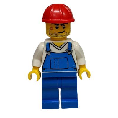 Figurine Man, Blue Overalls over White V-Neck Shirt, Red Hard Hat, Stubble and Scar (3626b Head) du set 60098