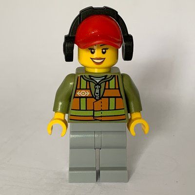 Figurine Train Worker, Woman, Orange Safety Vest with Train Logo over Olive Green Hoodie, Light Bluish Gray Legs, Red Cap with Ear Defenders du set 60052