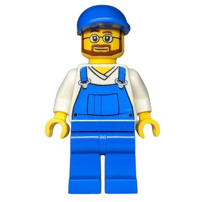 Figurine Man, Blue Overalls over White V-Neck Shirt, Blue Cap, Beard and Glasses du set 4432
