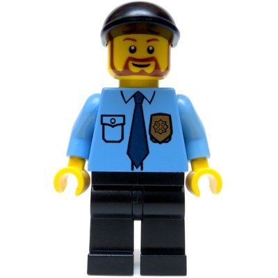 Figurine Policeman, Medium Blue Shirt with Badge and Tie, Black Cap, Beard du set 4207