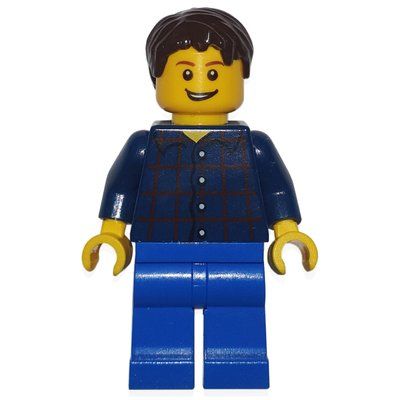 Minifiguur Man, Dark Blue Plaid Shirt, Blue Legs, Dark Brown Hair (3626b Head) uit set 3221