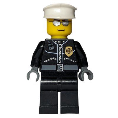 Figurine Policeman, Black Jacket with Zipper and Badge, White Hat, Silver Sunglasses du set 4500744