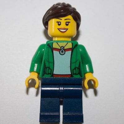 Minifigure Green Torso, Dark Blue Legs, Dark Brown Hair del set 31052