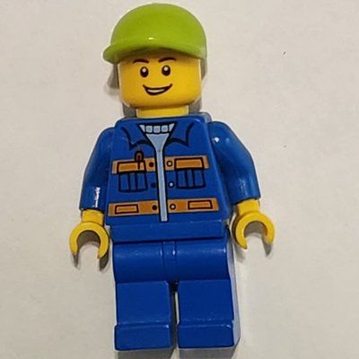 Minifigure Worker - Blue Torso, Blue Legs, Lime Cap from set 4635