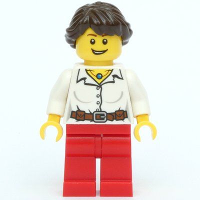 Minifigure White Torso, Red Legs, Dark Brown Hair from set 4637