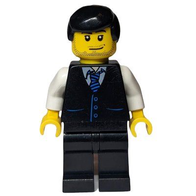 Minifigura Man, Black Vest over White Shirt with Tie, Black Legs, Black Hair, Stubble del set 8404