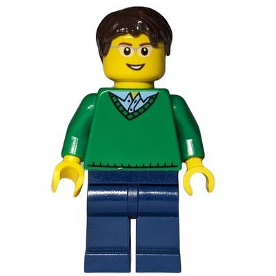 Minifigura Man, Green V-Neck Sweater, Dark Blue Legs, Dark Brown Hair, Glasses del set 8404
