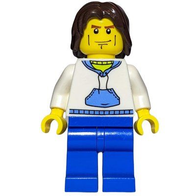 Minifigura Man, White and Blue Hoodie, Blue Legs, Dark Brown Hair del set 8404