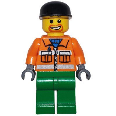 Minifigura Construction Worker, Orange Jacket with Zipper and Reflective Stripes, Green Legs, Black Cap, Goatee Beard del set 7991