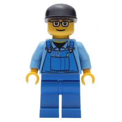 Minifigure Man, Blue Overalls over Shirt, Blue Legs, Black Cap, Glasses from set 7747