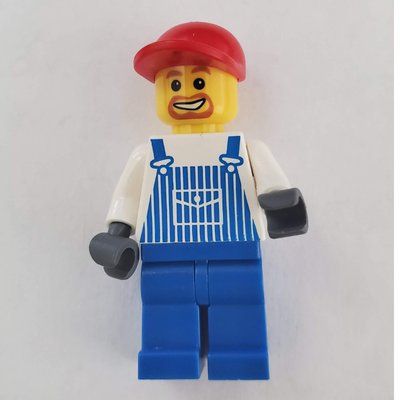 Minifigure Man, Blue and White Striped Overalls, Red Cap, Goatee Beard from set 7747