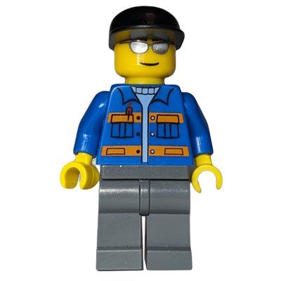 Figurine Worker, Blue Jacket with Orange Stripes, Dark Bluish Gray Legs, Black Cap, Silver Sunglasses du set 7686