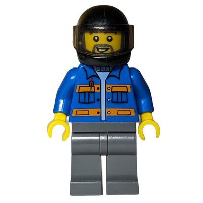 Figurine Worker, Blue Jacket with Orange Stripes, Dark Bluish Gray Legs, Black Helmet with Visor, Beard du set 7686