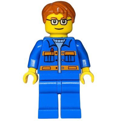 Figurine Worker, Blue Jacket with Orange Stripes, Blue Legs, Dark Orange Hair, Glasses du set 7642
