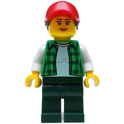 Figurine Woman, Open Green Flannel Shirt, Dark Green Legs, Red Cap with Hair du set 60183