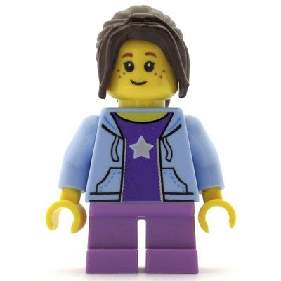 Figurine Girl, Open Bright Light Blue Hoodie over Dark Purple Shirt with Star, Short Medium Lavender Legs, Dark Brown Hair du set 60154