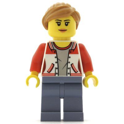 Figurine Woman, Red and White Letterman Jacket, Sand Blue Legs, Medium Nougat Hair du set 60154
