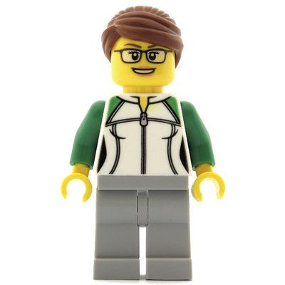 Figurine Woman, Green and White Jacket with Zipper, Light Bluish Gray Legs, Reddish Brown Hair, Glasses du set 60154