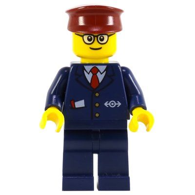 Figurine Train Conductor, Dark Blue Suit with Tie and Train Logo, Dark Red Hat, Glasses (3626c head) du set 60097