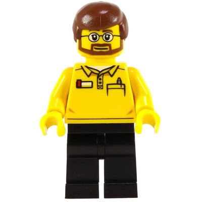 Figurine LEGO Store Employee, LEGO Logo on Back, Reddish Brown Hair, Beard and Glasses du set 60097