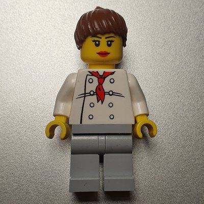 Figurine Chef, Woman, Red Neckerchief, Light Bluish Gray Legs, Reddish Brown Ponytail Hair, 3626bpr0892 Head du set 60031