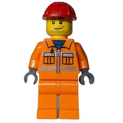 Figurine Construction Worker, Orange Jacket with Zipper and Reflective Stripes, Orange Legs, Red Hard Hat, Stubble du set 60026