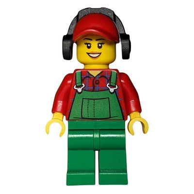 Figurine Woman, Green Overalls over Red Paid Shirt, Red Cap with Ear Defenders du set 60026