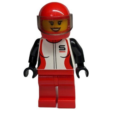 Minifiguur Racer, Woman, Black, Red, and White Jacket, Red Legs, Red Helmet with Visor uit set 60256