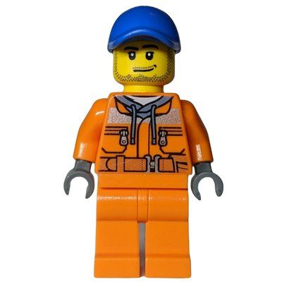 Figurine Construction Worker, Safety Jacket over Hoodie with Belt, Orange Legs, Blue Cap, Stubble du set 60132