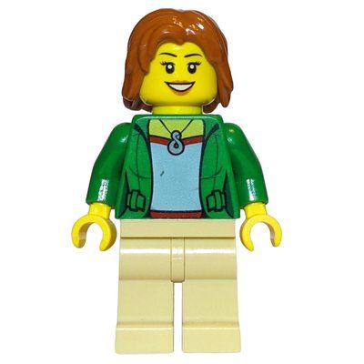 Minifigurka Woman, Open Green Jacket with Necklace, Dark Orange Hair z zestawu 60117