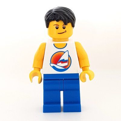 Figurine Man, White Tank Top with Windsurfer, Blue Legs, Black Hair du set 7639